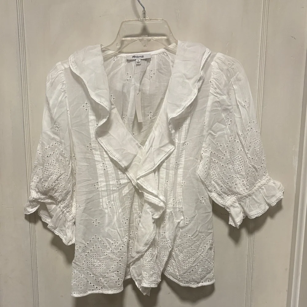 Madewell White Eyelet Ruffle Puffy Sleeve Blouse Top Brand New - Picture 4 of 15